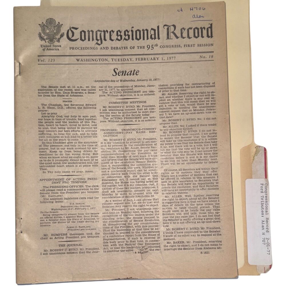 Orig. 1977 Congressional Record 95th Congress 1st Session Ford Tributes: Allen H